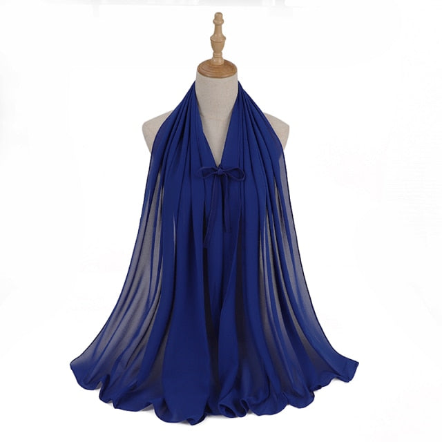 Fashion Plain Bubble Chiffon Hijab Scarf with Rope Convenient Women Hijabs Wrap Islam Muslim Shawls Scarves Turbanet Headscarf