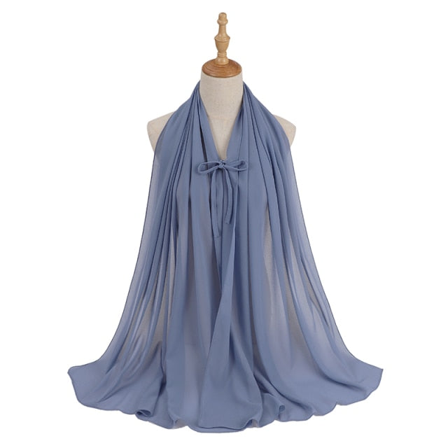 Fashion Plain Bubble Chiffon Hijab Scarf with Rope Convenient Women Hijabs Wrap Islam Muslim Shawls Scarves Turbanet Headscarf