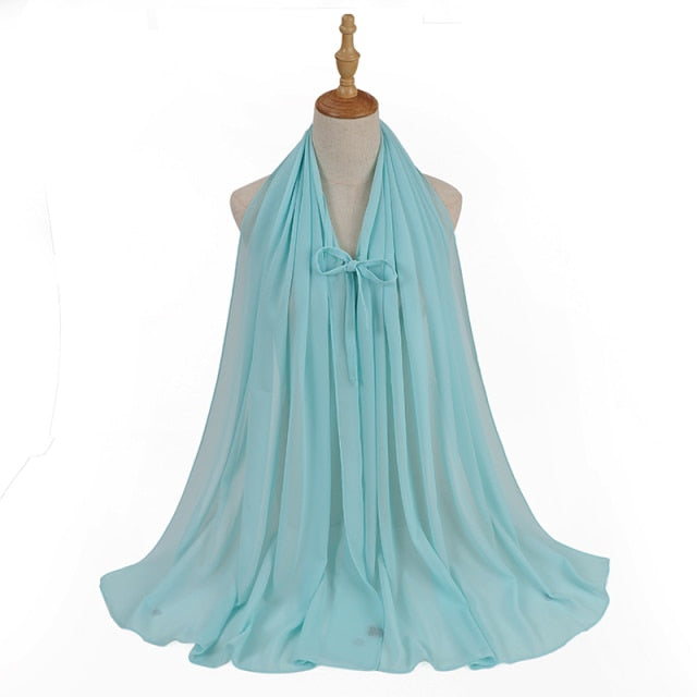 Fashion Plain Bubble Chiffon Hijab Scarf with Rope Convenient Women Hijabs Wrap Islam Muslim Shawls Scarves Turbanet Headscarf