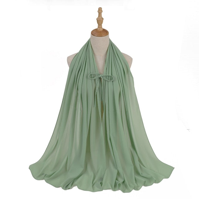 Fashion Plain Bubble Chiffon Hijab Scarf with Rope Convenient Women Hijabs Wrap Islam Muslim Shawls Scarves Turbanet Headscarf