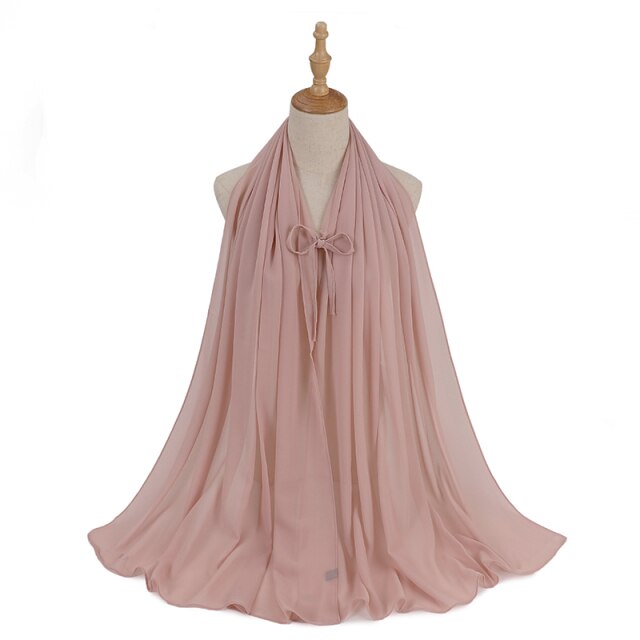 Fashion Plain Bubble Chiffon Hijab Scarf with Rope Convenient Women Hijabs Wrap Islam Muslim Shawls Scarves Turbanet Headscarf