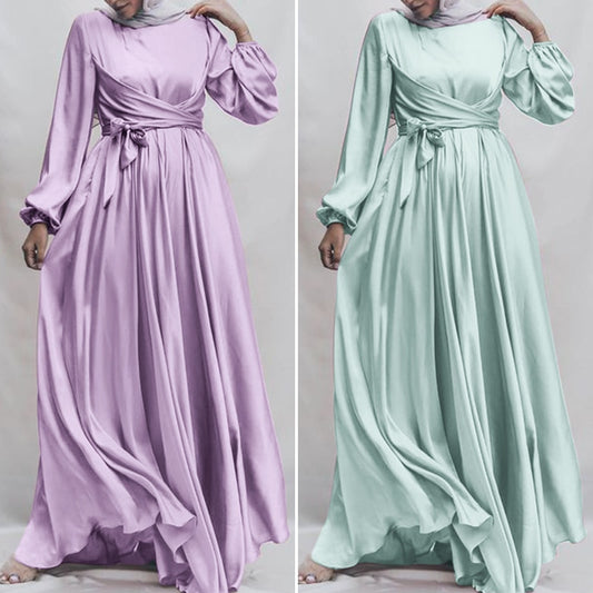 Fashion Muslim Dress Women's Islamic Sundress 2021 ZANZEA Long Sleeve Satin Vestidos Female Marocain Turkish Maxi Robe Belted
