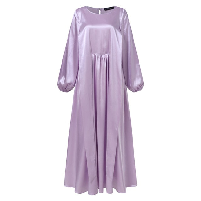 Fashion Muslim Dress Women's Islamic Sundress 2021 ZANZEA Long Sleeve Satin Vestidos Female Marocain Turkish Maxi Robe Belted