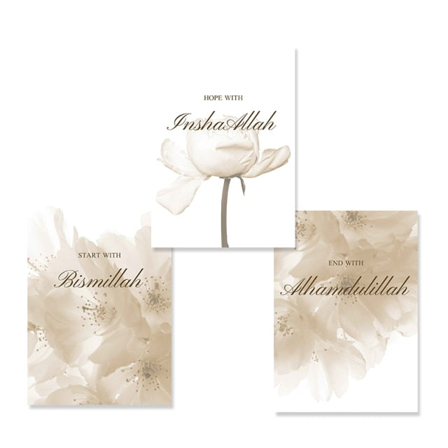 Islamic Ayat Al-Kursi Quran French Bismillah Floral Canvas Painting Boho Poster Wall Print Picture Mural Living Room Home Decor