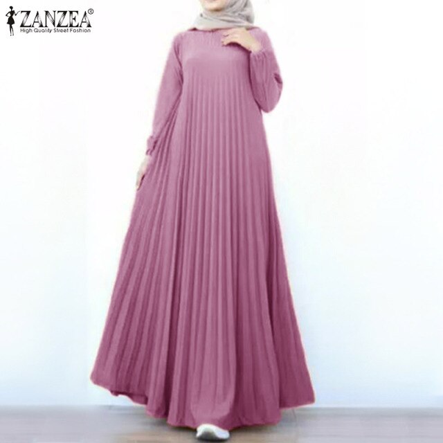 Fashion Abaya Dubai Long Sleeve Maxi Dress Elegant Autumn Muslim Dress ZANZEA Women Solid Pleated Robe Femme Islam Clothing