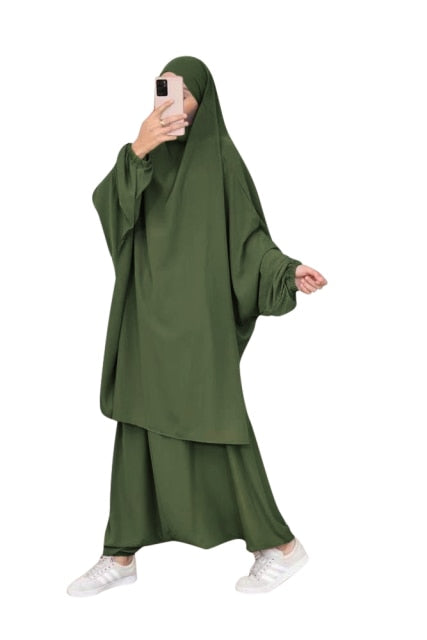 Eid Muslim Women Long Khimar Prayer Garment 2 Piece Set Abaya Dress and Pant Full Cover Islamic Clothing Kaftan Jilbab Djellaba