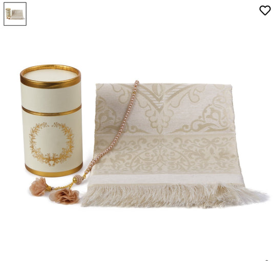 Dolmabahe Prayer Rug & Rosary Set Kaaba Set Content: taffeta Prayer Rug and 99 Design Tulle Rose Rosary in a Cylinder Box