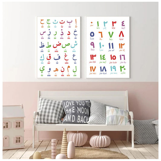 Arabic Islamic Wall Art Canvas Painting Arabic Letters Alphabets Numerals Poster Prints Nursery Kids Room Wall Art Decor
