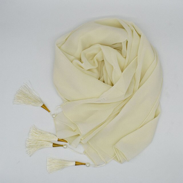 Bubble Chiffon Hijab Scarf Women Solid Color Long Soft Muslim Scarves Islam Wrap Shawl Femme Beaded Pearls Hijabs Tassel Scarf