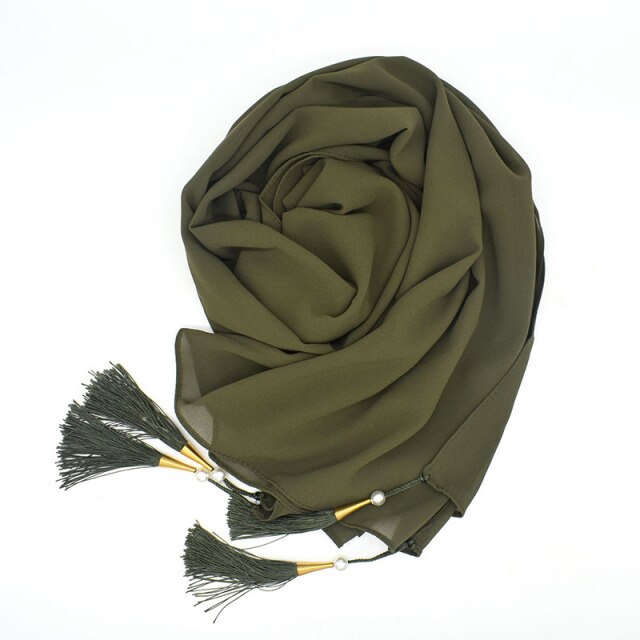 Bubble Chiffon Hijab Scarf Women Solid Color Long Soft Muslim Scarves Islam Wrap Shawl Femme Beaded Pearls Hijabs Tassel Scarf