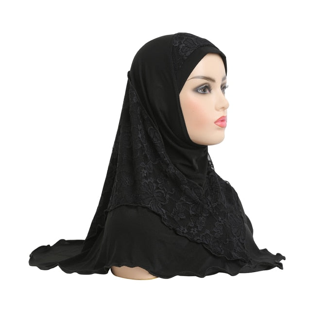H126 High Quality Medium Size 70*60cm Muslim Amira Hijab With Lace Pull On Islam Scarf Headwrap Pray Hatshawl Women's Headband