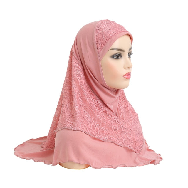 H126 High Quality Medium Size 70*60cm Muslim Amira Hijab With Lace Pull On Islam Scarf Headwrap Pray Hatshawl Women's Headband