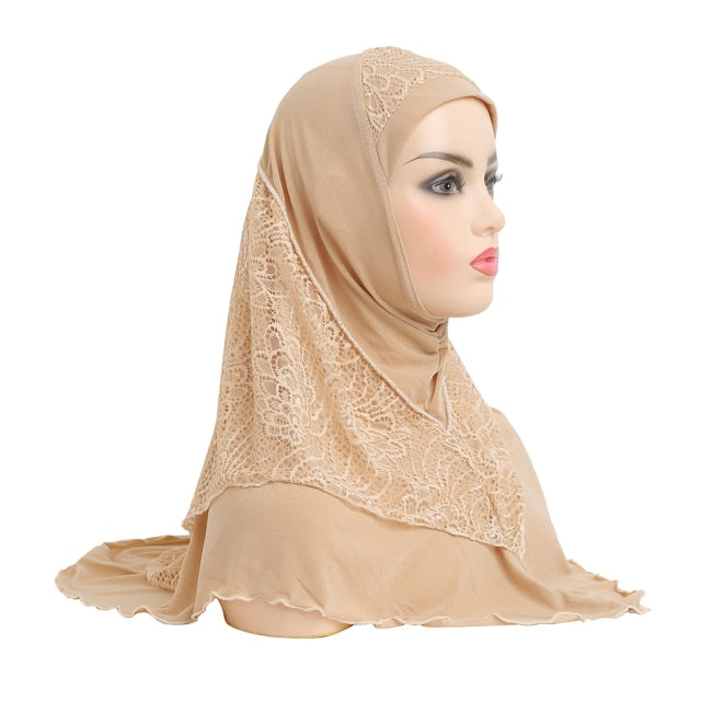 H126 High Quality Medium Size 70*60cm Muslim Amira Hijab With Lace Pull On Islam Scarf Headwrap Pray Hatshawl Women's Headband