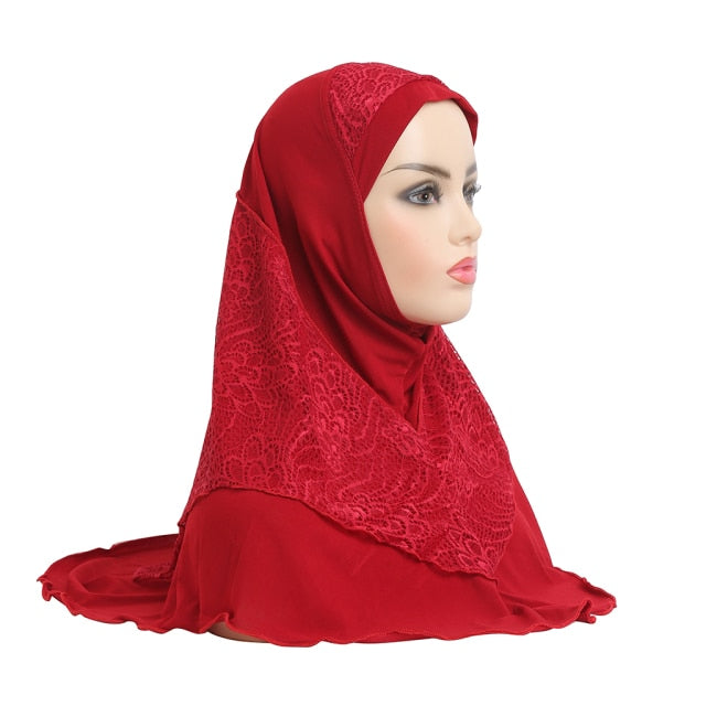 H126 High Quality Medium Size 70*60cm Muslim Amira Hijab With Lace Pull On Islam Scarf Headwrap Pray Hatshawl Women's Headband