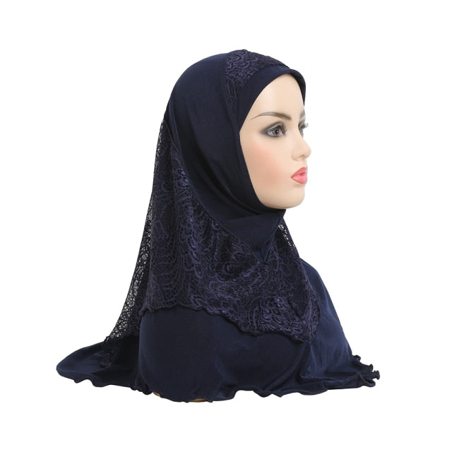 H126 High Quality Medium Size 70*60cm Muslim Amira Hijab With Lace Pull On Islam Scarf Headwrap Pray Hatshawl Women's Headband