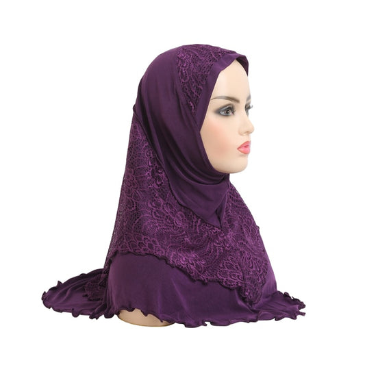 H126 High Quality Medium Size 70*60cm Muslim Amira Hijab With Lace Pull On Islam Scarf Headwrap Pray Hatshawl Women's Headband