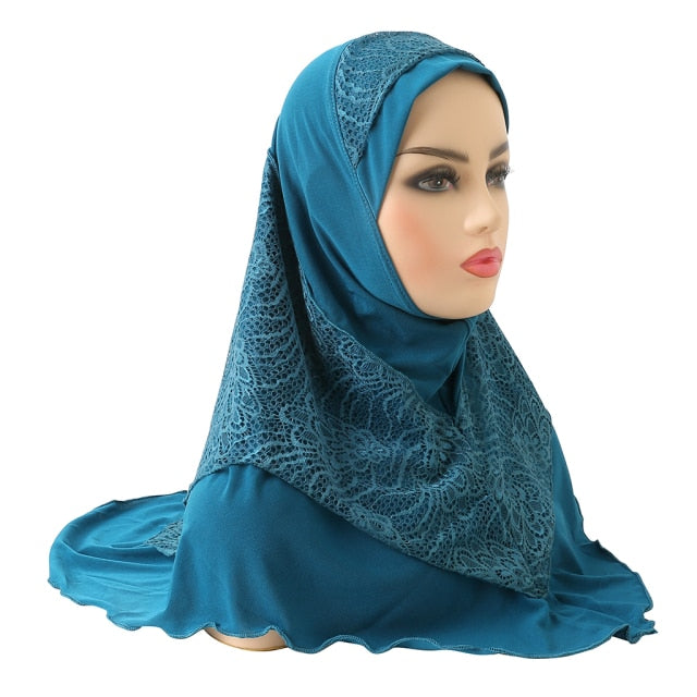 H126 High Quality Medium Size 70*60cm Muslim Amira Hijab With Lace Pull On Islam Scarf Headwrap Pray Hatshawl Women's Headband
