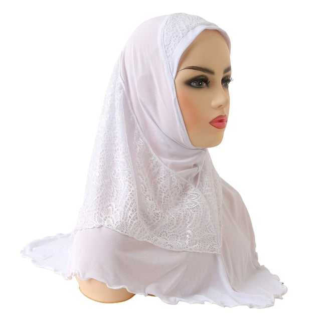 H126 High Quality Medium Size 70*60cm Muslim Amira Hijab With Lace Pull On Islam Scarf Headwrap Pray Hatshawl Women's Headband