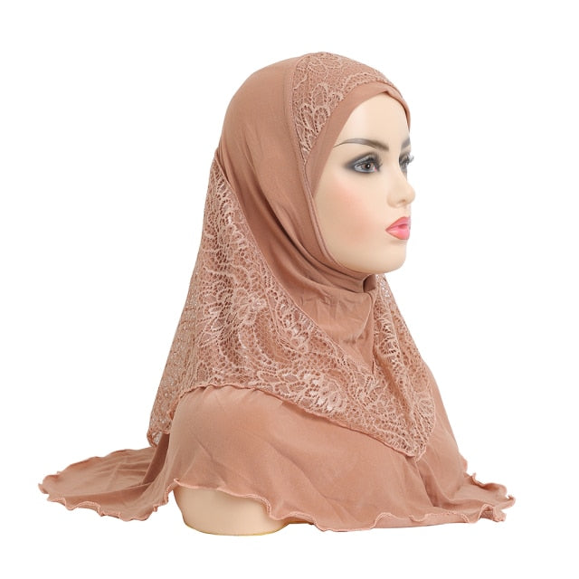 H126 High Quality Medium Size 70*60cm Muslim Amira Hijab With Lace Pull On Islam Scarf Headwrap Pray Hatshawl Women's Headband