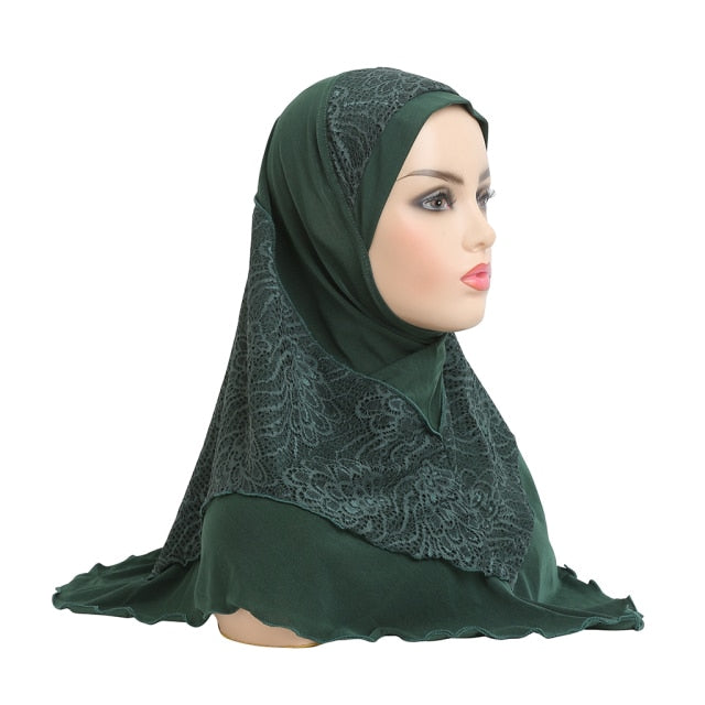 H126 High Quality Medium Size 70*60cm Muslim Amira Hijab With Lace Pull On Islam Scarf Headwrap Pray Hatshawl Women's Headband
