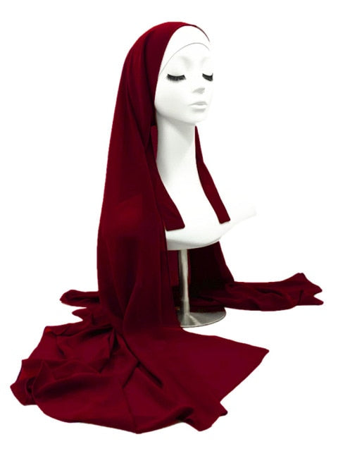 Plain Color Chiffon Hijab Scarf with Bandage Non-Slip Muslim Women Breathable Islam Long Hijabs Headband Fashion Turban Headwrap