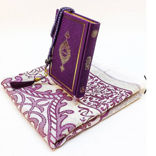 Arabic Quran Islamic Gift English Thermo Leather Umrah Gift Quran Set Prayer Rug Pearl Rosary Prayer Beads Sajjadah Salah Mat