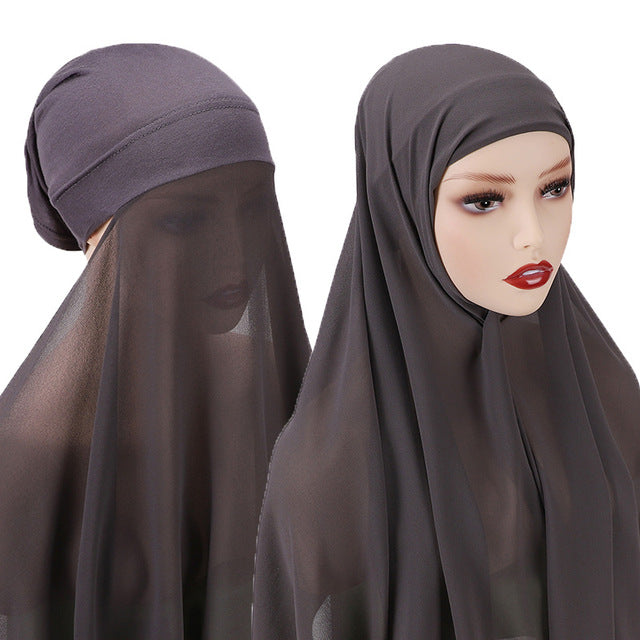 Hijab With Undercap Attached Muslim Fashion Hijab For Women Headscarves Hijab Scarf With Bonnet Cap Islam Chiffon Headwrap