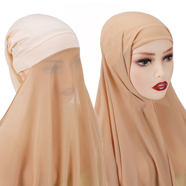 Hijab With Undercap Attached Muslim Fashion Hijab For Women Headscarves Hijab Scarf With Bonnet Cap Islam Chiffon Headwrap