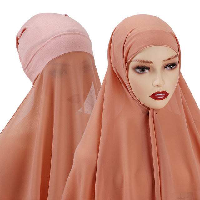 Hijab With Undercap Attached Muslim Fashion Hijab For Women Headscarves Hijab Scarf With Bonnet Cap Islam Chiffon Headwrap