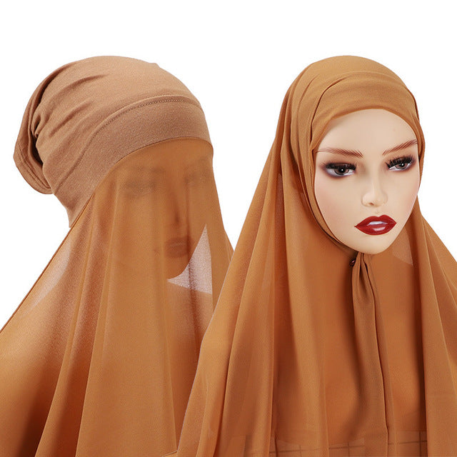 Hijab With Undercap Attached Muslim Fashion Hijab For Women Headscarves Hijab Scarf With Bonnet Cap Islam Chiffon Headwrap