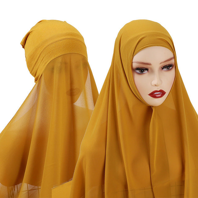 Hijab With Undercap Attached Muslim Fashion Hijab For Women Headscarves Hijab Scarf With Bonnet Cap Islam Chiffon Headwrap