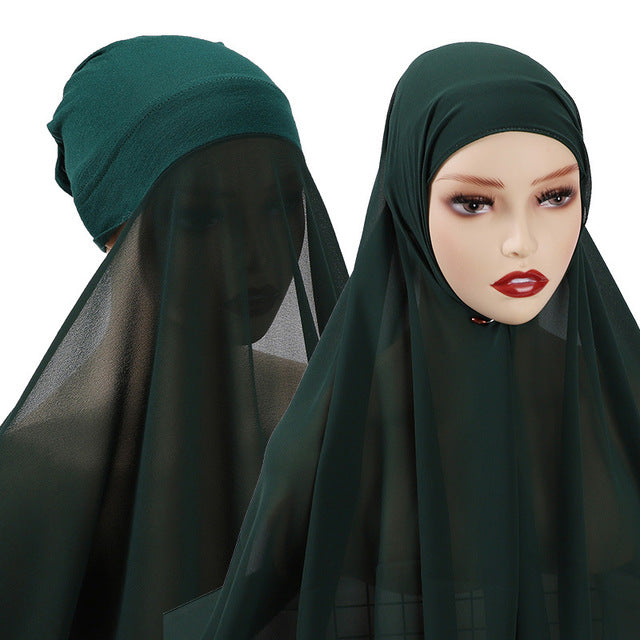Hijab With Undercap Attached Muslim Fashion Hijab For Women Headscarves Hijab Scarf With Bonnet Cap Islam Chiffon Headwrap