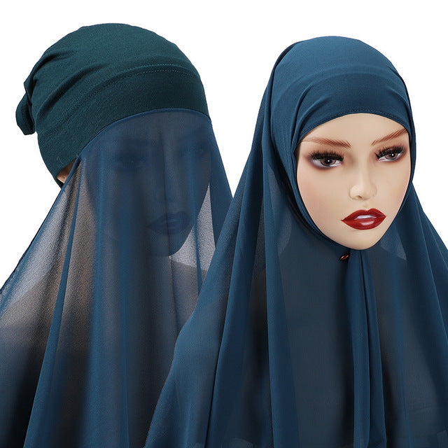 Hijab With Undercap Attached Muslim Fashion Hijab For Women Headscarves Hijab Scarf With Bonnet Cap Islam Chiffon Headwrap