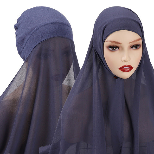 Hijab With Undercap Attached Muslim Fashion Hijab For Women Headscarves Hijab Scarf With Bonnet Cap Islam Chiffon Headwrap