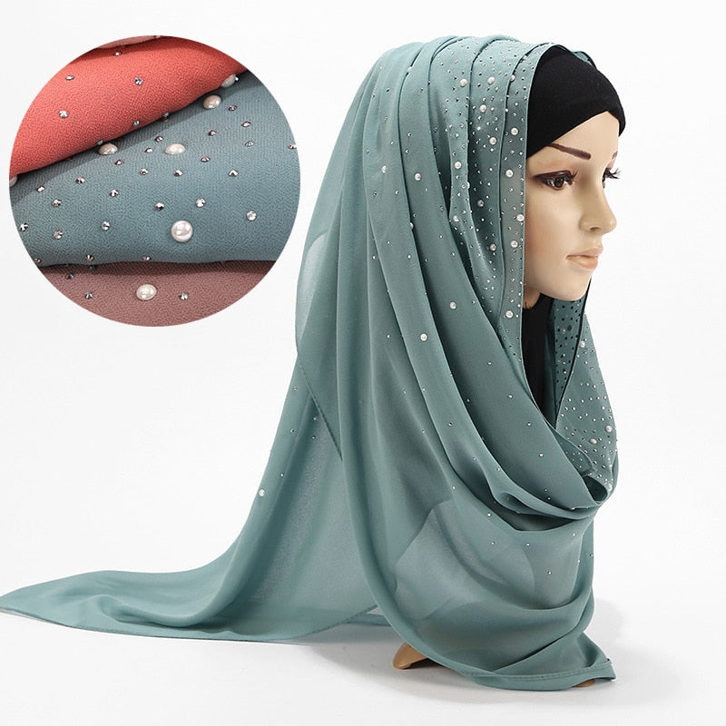 Luxury Pearl Chiffon Woman Hijab Under Scarf With Drill Muslim Woman shawl and wrap Turban Islamic Clothing Instant Headscarf
