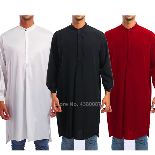 Solid Color Saudi Arab Men Muslim Traditional Thobe Button Long Shirt Turkish Casual Male Long Sleeve Islamic Clothing