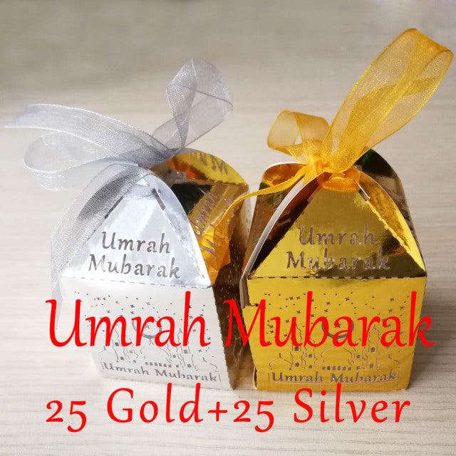 50 Pieces Mirror Gold Silver Umrah Mubarak Omra Moubarek 3omra Moubaraka Candy Box For Muslim Eid al-Fitr Party Decoration