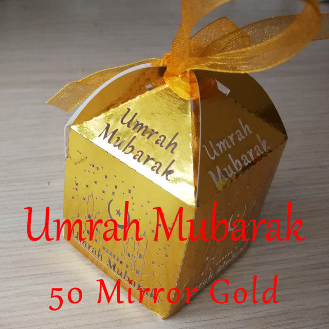 50 Pieces Mirror Gold Silver Umrah Mubarak Omra Moubarek 3omra Moubaraka Candy Box For Muslim Eid al-Fitr Party Decoration