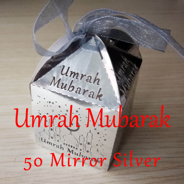 50 Pieces Mirror Gold Silver Umrah Mubarak Omra Moubarek 3omra Moubaraka Candy Box For Muslim Eid al-Fitr Party Decoration