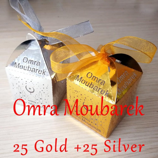 50 Pieces Mirror Gold Silver Umrah Mubarak Omra Moubarek 3omra Moubaraka Candy Box For Muslim Eid al-Fitr Party Decoration