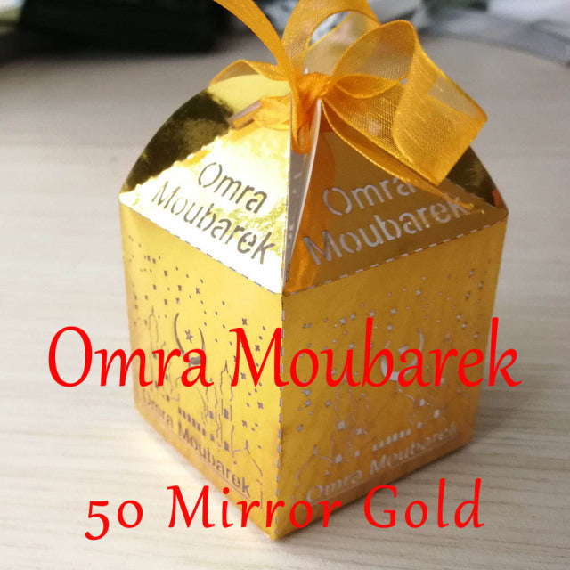 50 Pieces Mirror Gold Silver Umrah Mubarak Omra Moubarek 3omra Moubaraka Candy Box For Muslim Eid al-Fitr Party Decoration