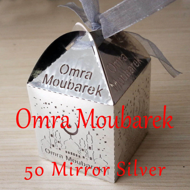 50 Pieces Mirror Gold Silver Umrah Mubarak Omra Moubarek 3omra Moubaraka Candy Box For Muslim Eid al-Fitr Party Decoration