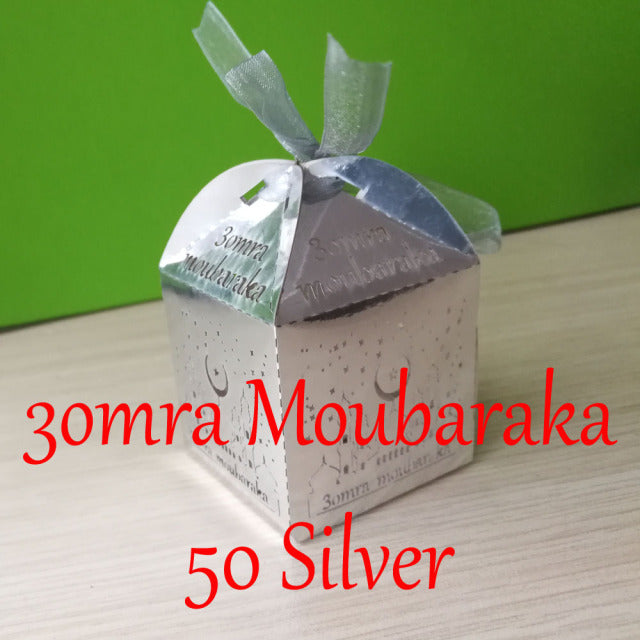 50 Pieces Mirror Gold Silver Umrah Mubarak Omra Moubarek 3omra Moubaraka Candy Box For Muslim Eid al-Fitr Party Decoration