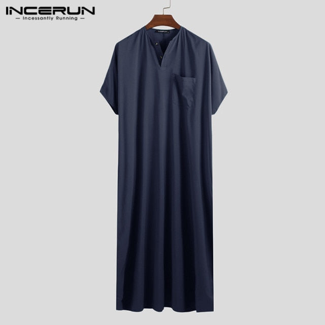 INCERUN Jubba Thobe Men Islamic Arabic Kaftan Solid Short Sleeve Loose Retro Robes Abaya Middle East Muslim Clothing Plus Size 7