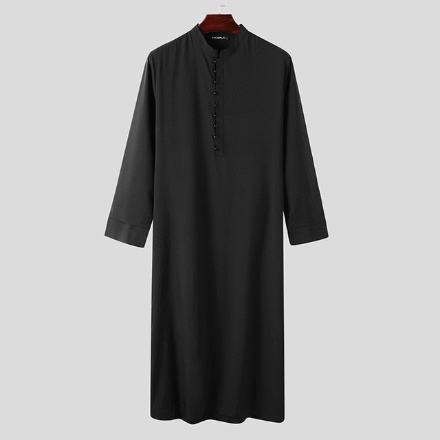 Muslim Men Jubba Thobe Long Sleeve Solid Color Breathable Robes 2021 Stand Collar Islamic Arabic Kaftan Men Abaya S-5XL INCERUN