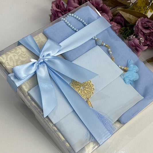 Islamic Blue Velvet Yaseen Tasbeeh Gift Set Arabic Quran Favors Ameen Wedding Gifts Tasbeeh Prayer Mat Shawl Eid Ramadan Mubarak