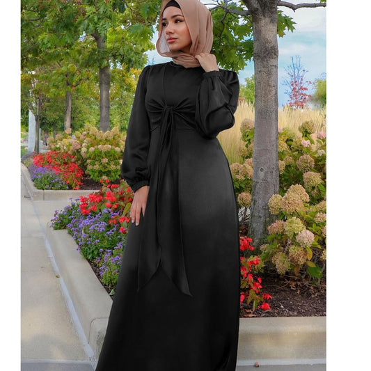 Abayas for Women Eid Ramadan Satin Dress Muslim Female Solid Color Casual Summer Dubai Abaya Turkey Modest Islamic Clothing