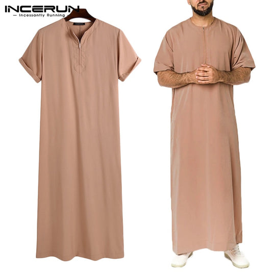 INCERUN Men Muslim Kaftan Short Sleeve Solid O Neck Jubba Thobe Abaya Middle East Dubai Saudi Arabia Islamic Mens Robes S-5XL