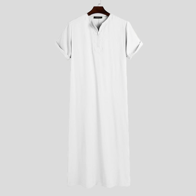 INCERUN Men Muslim Kaftan Short Sleeve Solid O Neck Jubba Thobe Abaya Middle East Dubai Saudi Arabia Islamic Mens Robes S-5XL