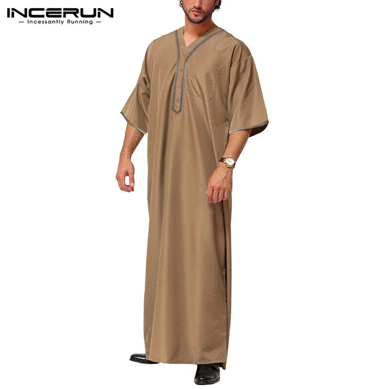 INCERUN Men Islamic Muslim Kaftan Half Sleeve Solid Color V Neck Vintage Robes Casual Dubai Saudi Arabia Men Jubba Thobe S-5XL 7